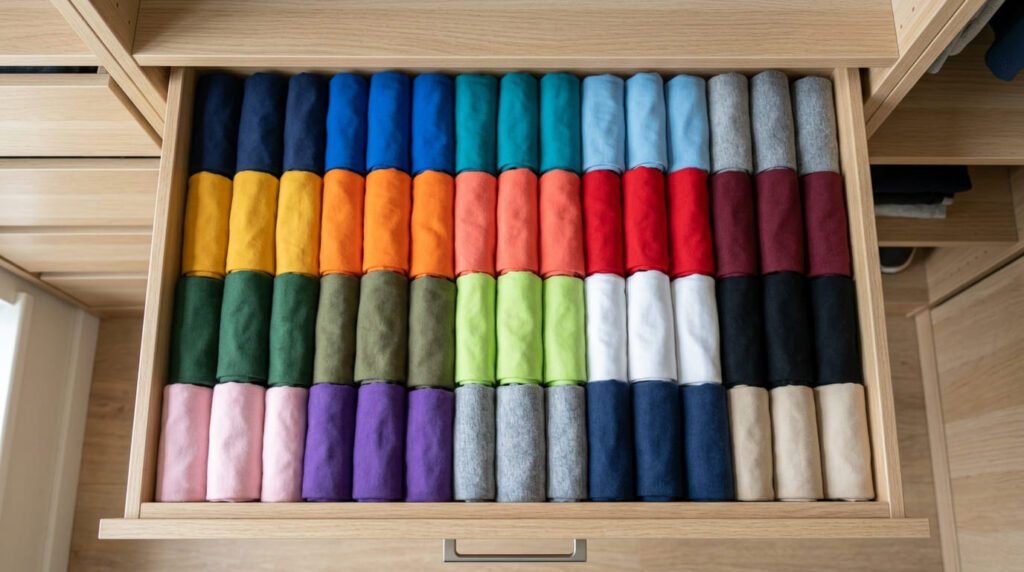 Gaveta com roupas dobradas no método vertical perfeitamente alinhadas